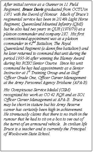 Text Box: After initial service as a Gunner in 11 Field Regiment, Bruce Davis graduated from OCTU in 1971 with the Sword of Honour.  Much of Bruce’s regimental service has been in 2/14th Light Horse Regiment, Queensland Mounted Infantry (QMI) but he also had two years in QUR (1978/79) as a platoon commander and company 2IC.  His first commissioned appointment was as a platoon commander in 42nd Battalion, The Royal Queensland Regiment (a damn fine battalion!) and he later returned to command that unit during the period 1993-96 after winning the Blamey Award during his RCSC Senior Course.  Since his unit command he has had appointments as a Senior Instructor at 1st Training Group and as Staff Officer Grade One, Officer Career Management at the Army Personnel Agency Brisbane (APA-B).
His Conspicuous Service Medal (CSM) recognized his work as CO 42 RQR and as SO1 Officer Career Management at APA-B.  Bruce may be short in stature but his Army Reserve career has certainly been high in achievement.  He strenuously claims that there is no truth in the rumour that he had to sit on a box to see out of the turret of an armoured vehicle.  In civilian life Bruce is a teacher and is currently the Principal of Wooloowin State School.


